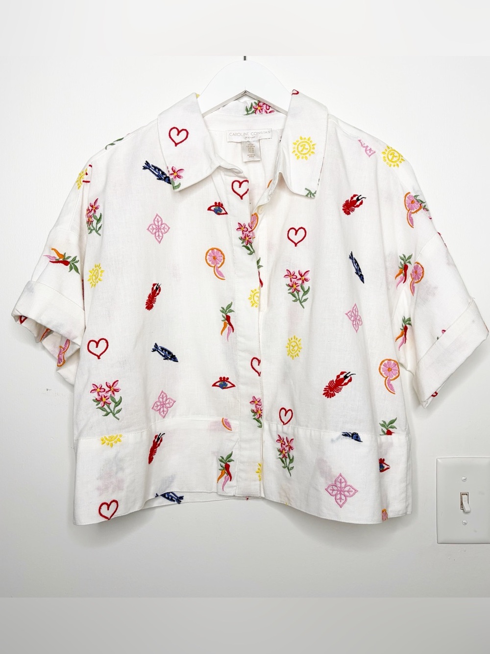 Caroline Constas White Embroidered Boxy Button Down Shirt
